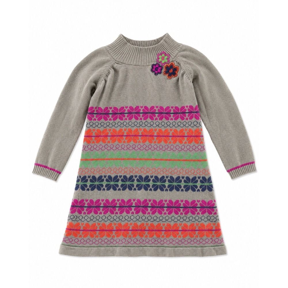 Hanna Andersson Girls Grey Fair Isle Sweater Dress Floral Applique Size 110 5